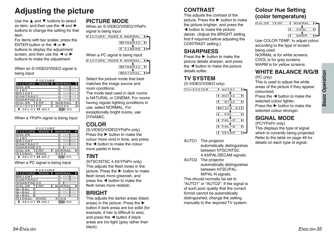 Panasonic PT-AE100E manual Adjusting the picture, Colour Hue Setting, Color temperature 