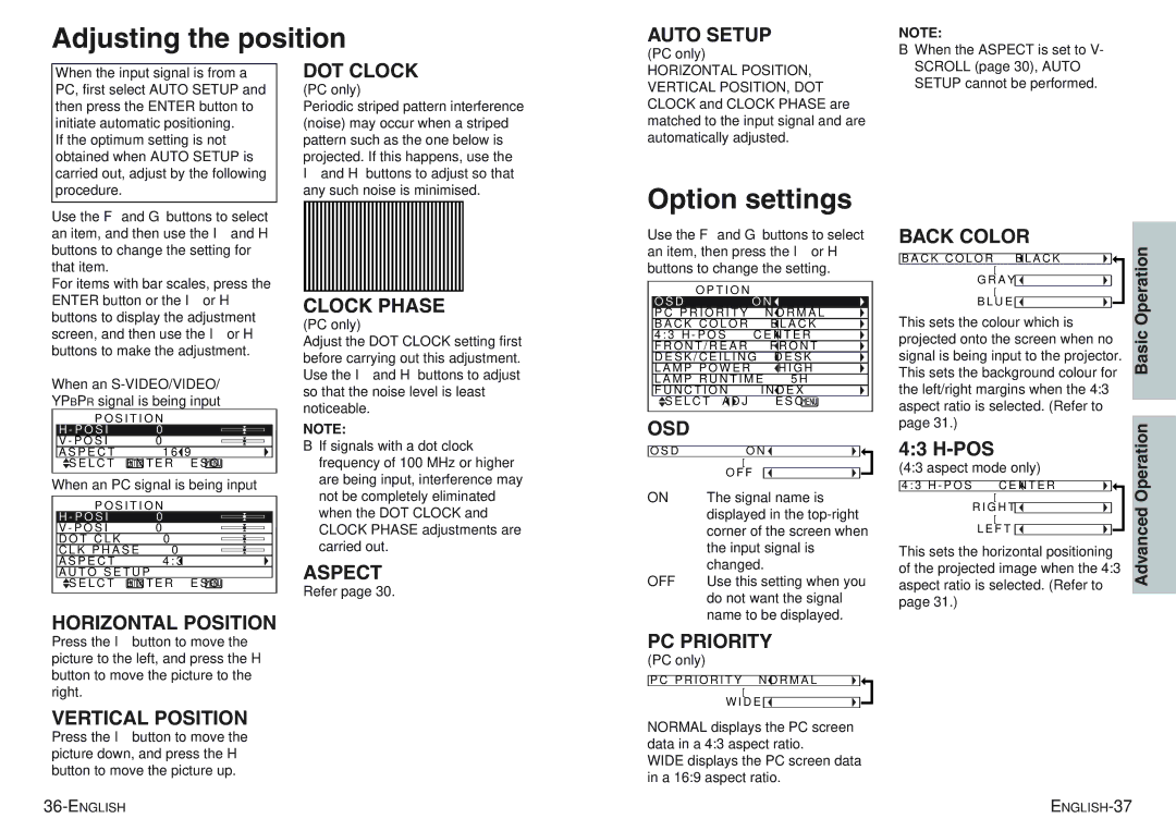 Panasonic PT-AE100E manual Adjusting the position, Option settings, Pos 