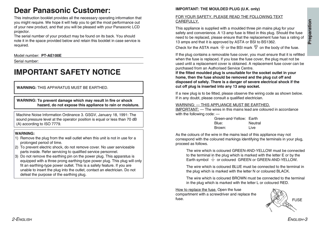 Panasonic PT-AE100E manual Dear Panasonic Customer, Important the Moulded Plug U.K. only 