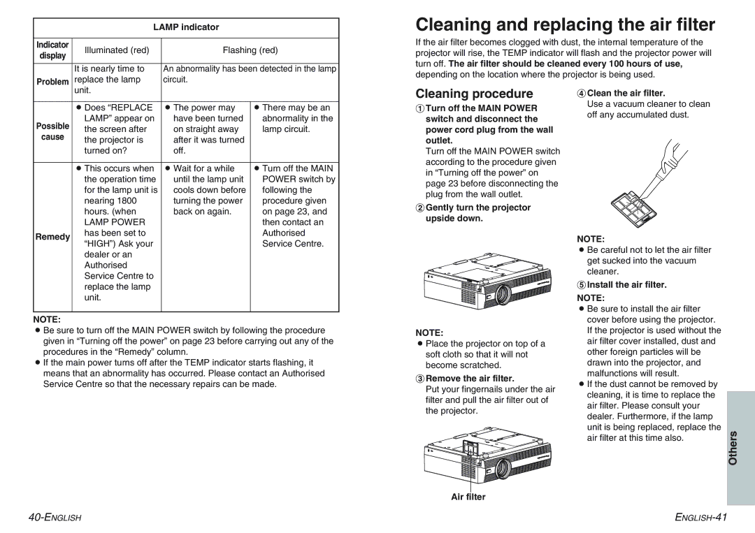 Panasonic PT-AE100E manual Cleaning and replacing the air filter, Cleaning procedure 