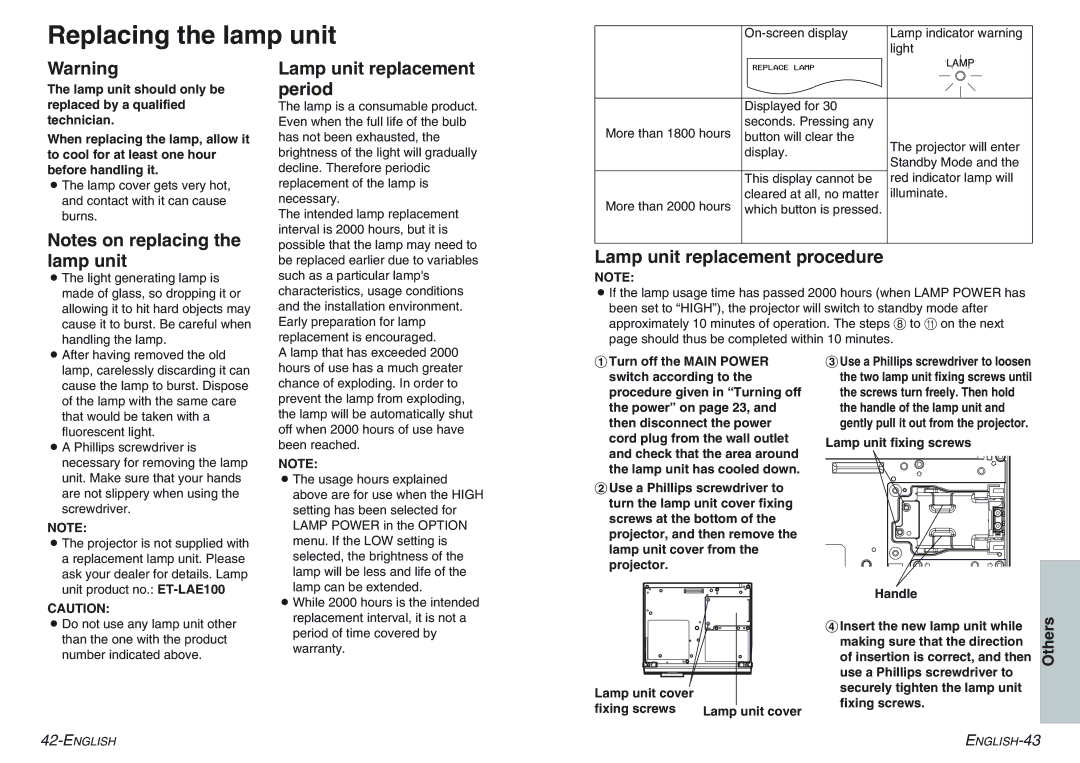 Panasonic PT-AE100E manual Replacing the lamp unit, Lamp unit replacement period, Lamp unit replacement procedure 