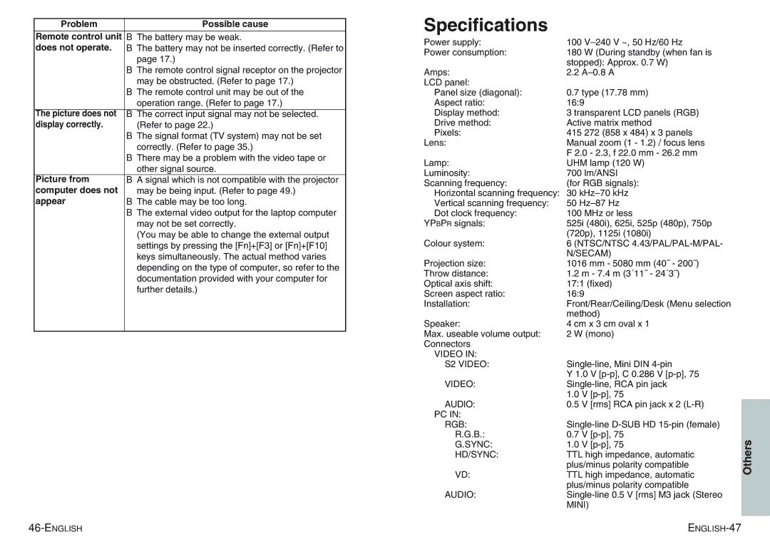 Panasonic PT-AE100E manual Specifications 