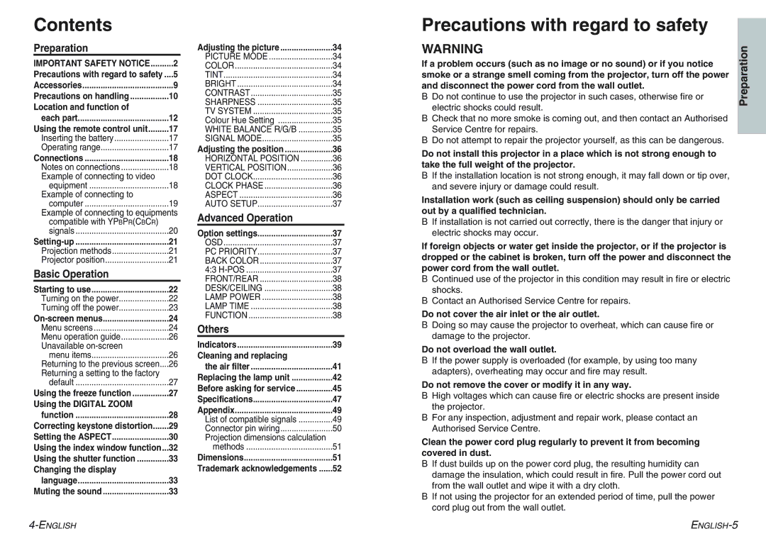 Panasonic PT-AE100E manual Contents, Precautions with regard to safety 