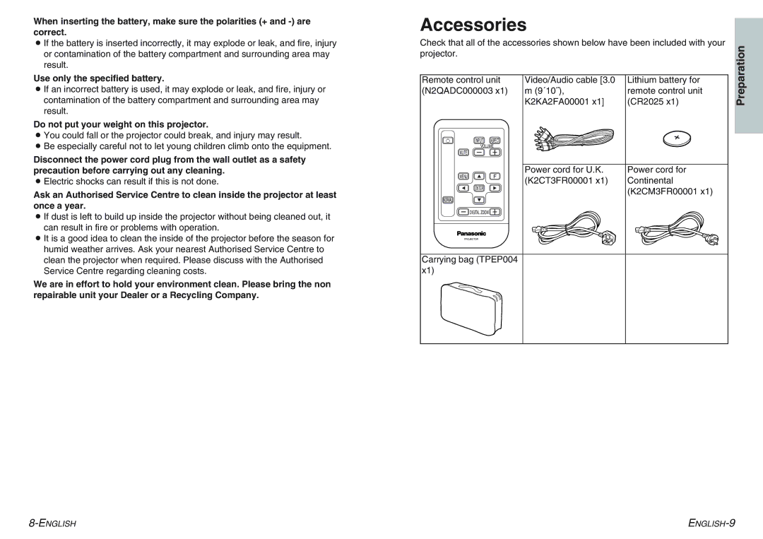 Panasonic PT-AE100E manual Accessories, Use only the specified battery, Do not put your weight on this projector 