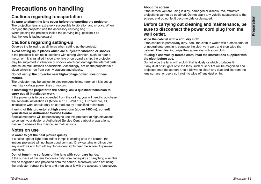 Panasonic PT-AE100E manual Precautions on handling, Order to get the best picture quality, About the screen 