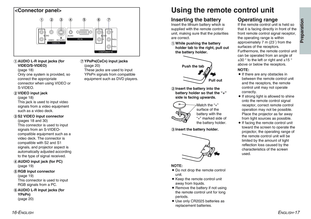 Panasonic PT-AE100E manual Using the remote control unit, Connector panel, Inserting the battery, Operating range 