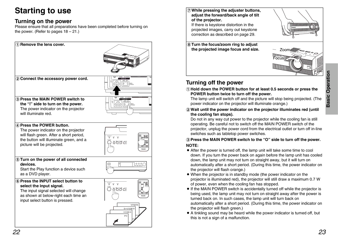 Panasonic PT-AE100U manual Starting to use, Turning on the power, Turning off the power 