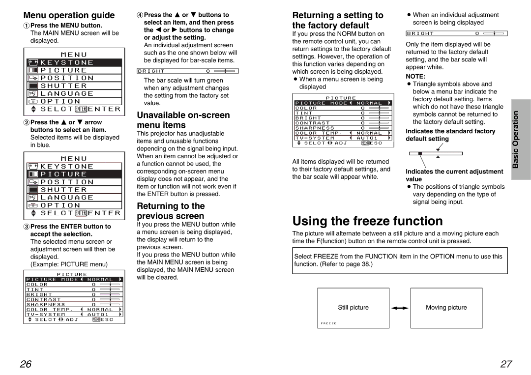 Panasonic PT-AE100U manual Using the freeze function, Menu operation guide, Previous screen 