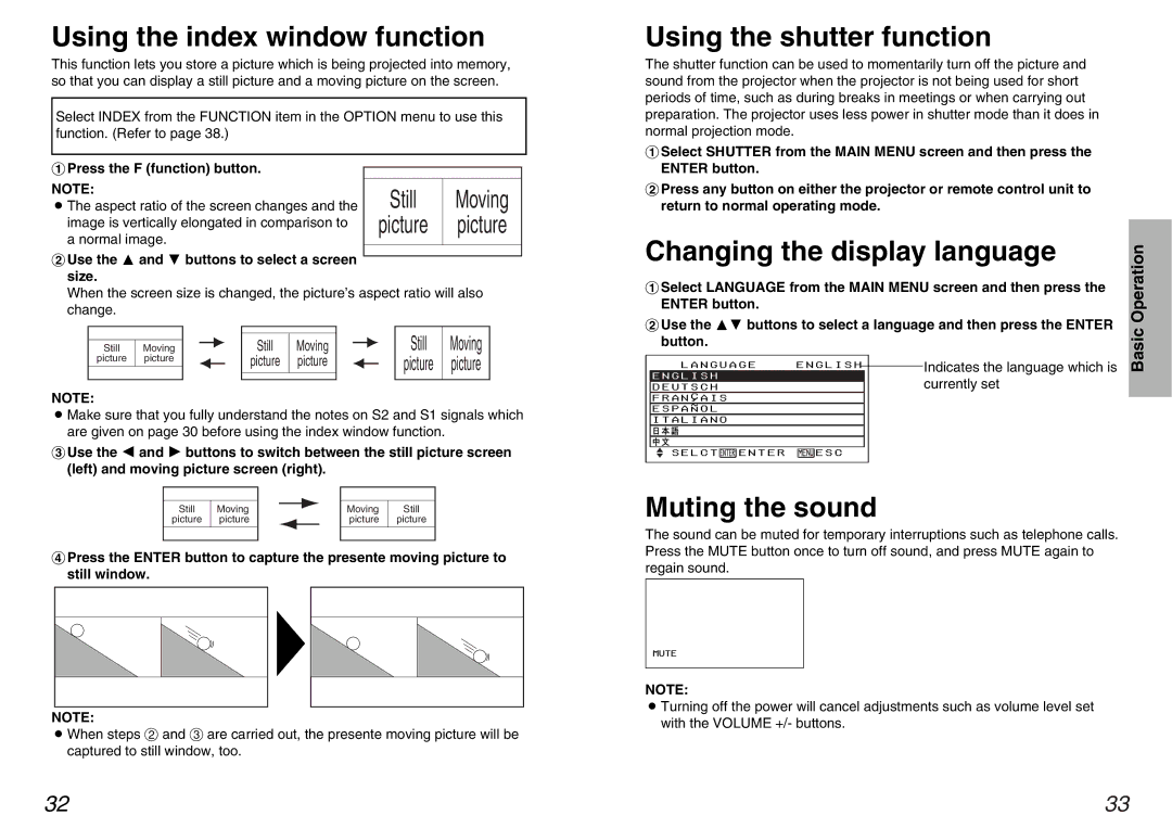 Panasonic PT-AE100U manual Using the index window function, Using the shutter function, Changing the display language 