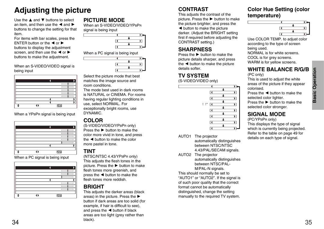 Panasonic PT-AE100U manual Adjusting the picture, Color Hue Setting color, Temperature 