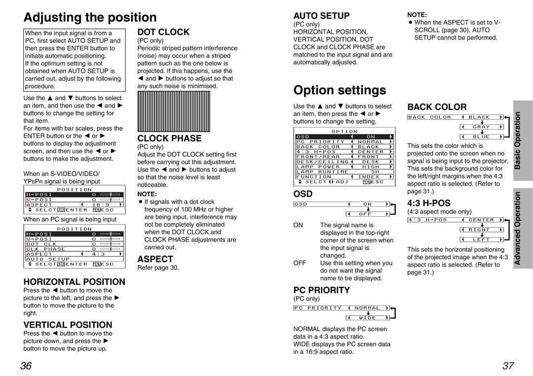 Panasonic PT-AE100U manual Adjusting the position, Option settings, Pos 