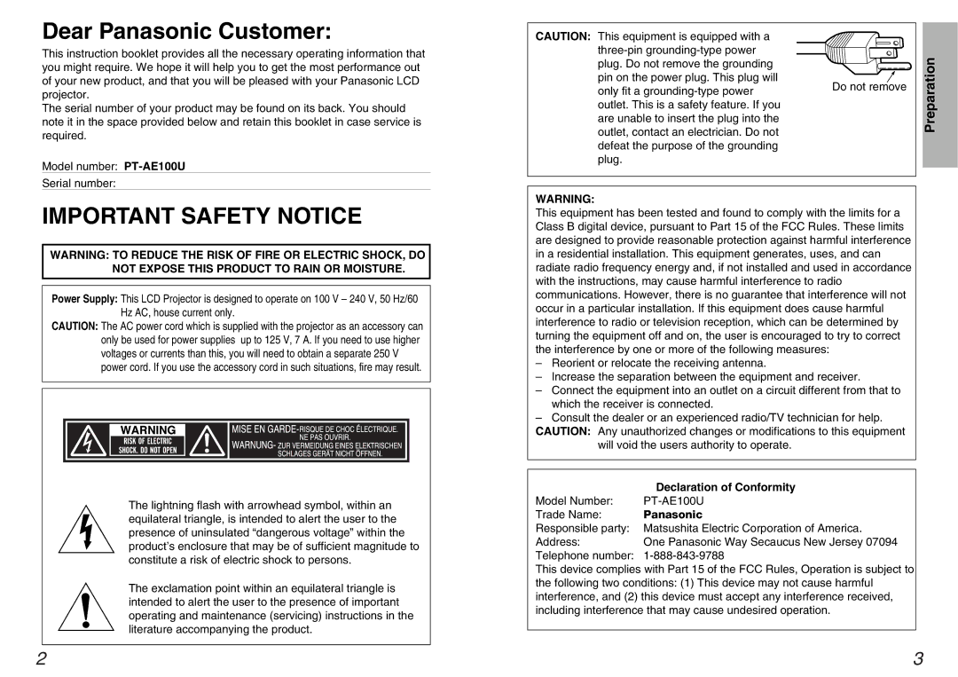 Panasonic PT-AE100U manual Dear Panasonic Customer, Declaration of Conformity 