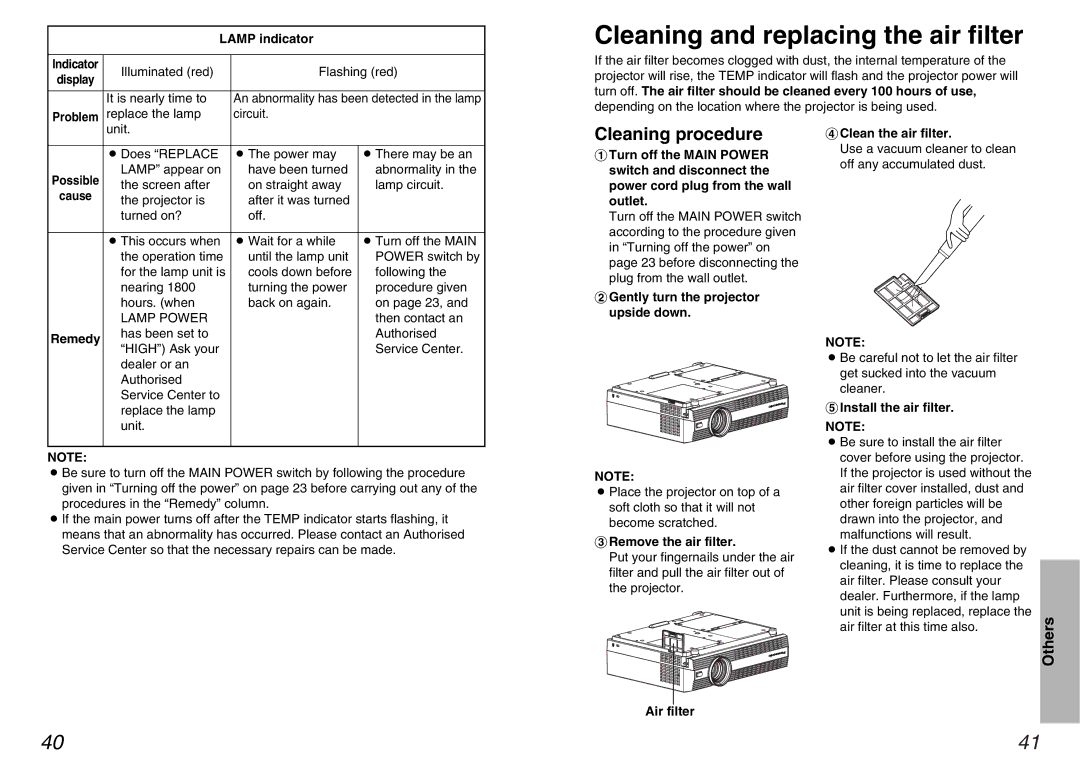 Panasonic PT-AE100U manual Cleaning and replacing the air filter, Cleaning procedure 