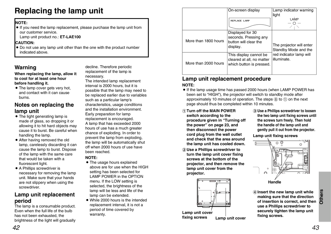 Panasonic PT-AE100U manual Replacing the lamp unit, Lamp unit replacement procedure, Lamp unit replacement period 