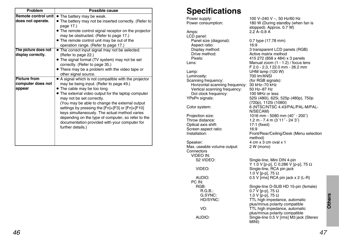 Panasonic PT-AE100U manual Specifications 