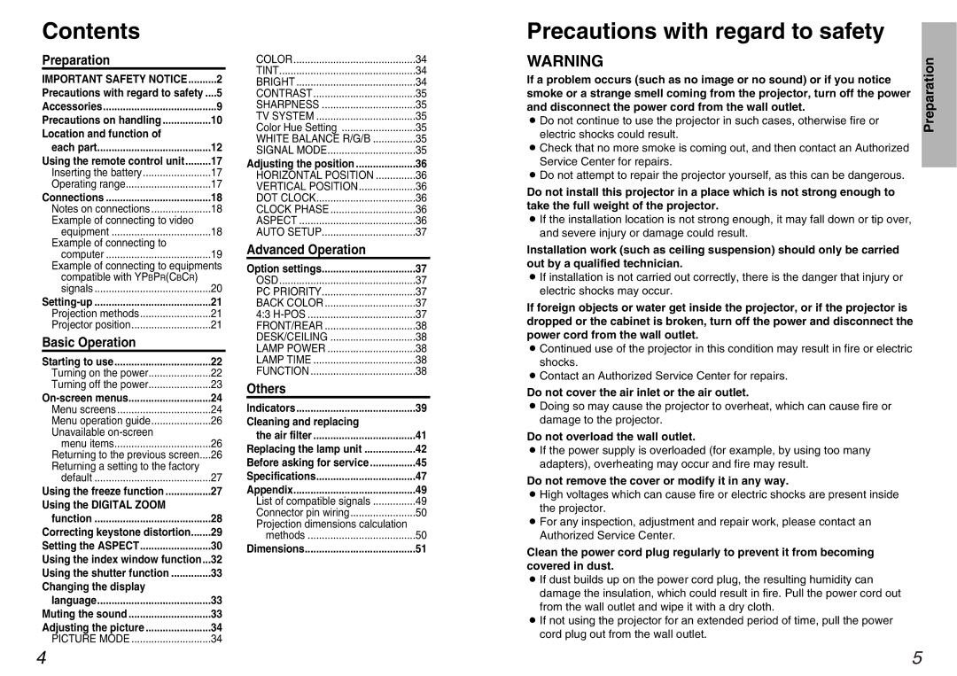 Panasonic PT-AE100U manual Contents, Precautions with regard to safety 