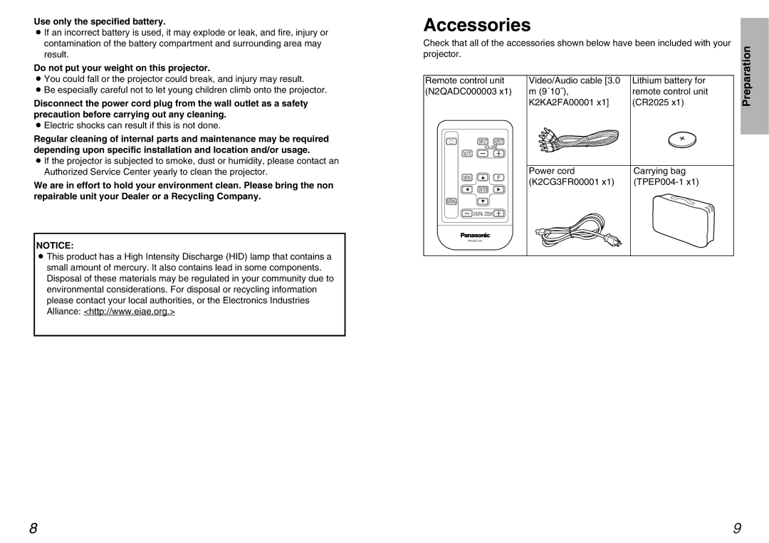 Panasonic PT-AE100U manual Accessories, Use only the specified battery, Do not put your weight on this projector 