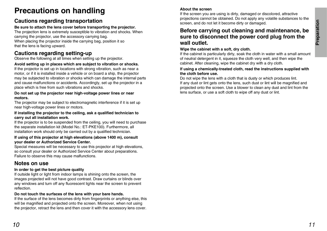 Panasonic PT-AE100U manual Precautions on handling, Order to get the best picture quality, About the screen 