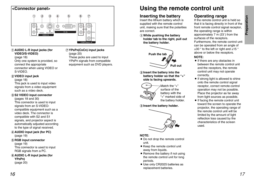 Panasonic PT-AE100U manual Using the remote control unit, Connector panel, Inserting the battery, Operating range 