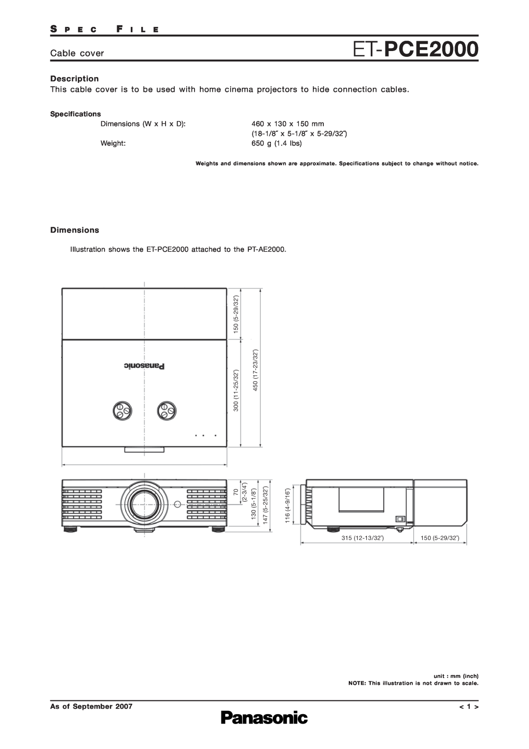 Panasonic ET-PCE2000 dimensions Cable cover, Description, Dimensions, S P E C F I L E, Specifications, x 130 x 150 mm 