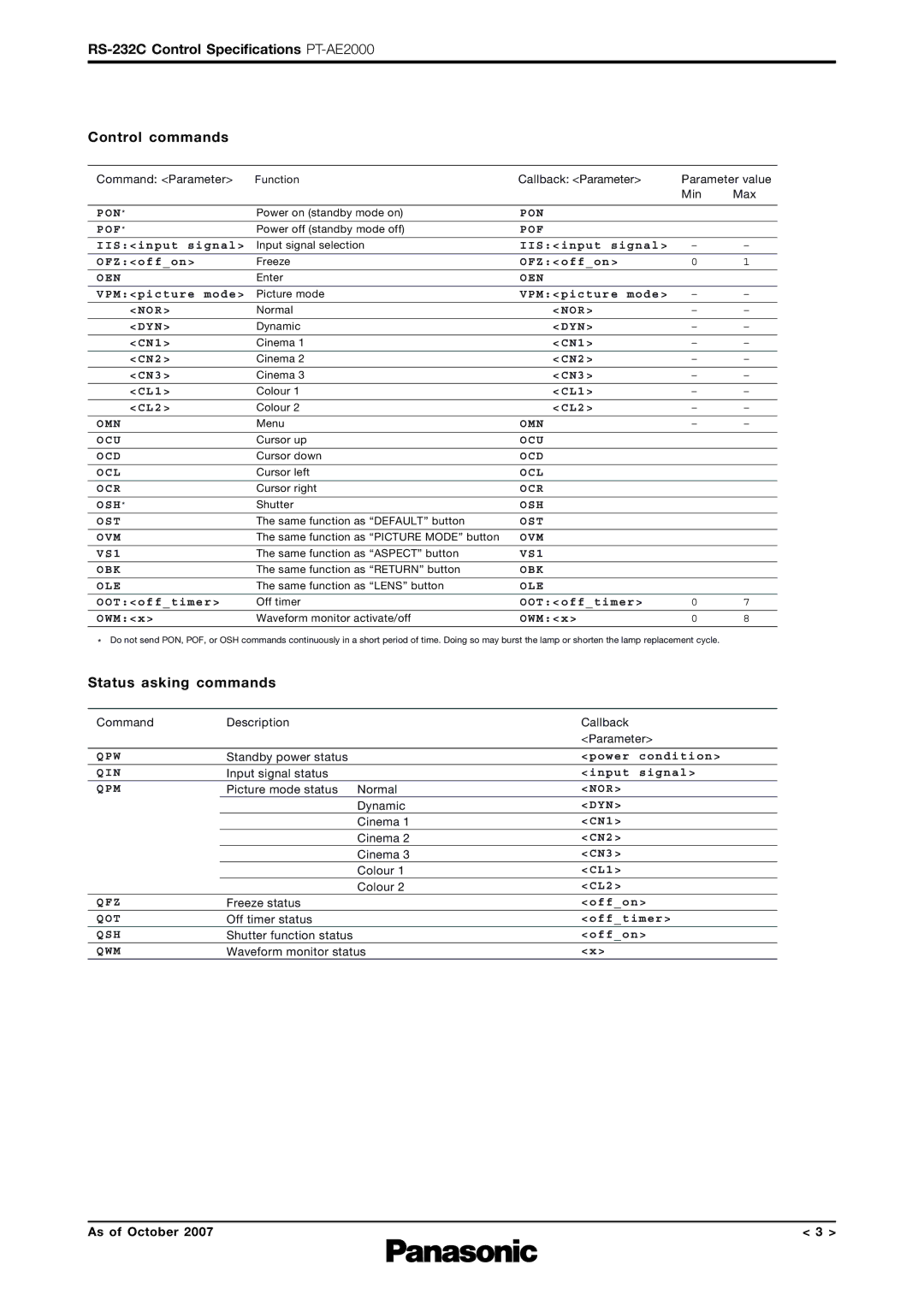 Panasonic PT AE2000 specifications RS-232C Control Specifications PT-AE2000 Control commands, Status asking commands 