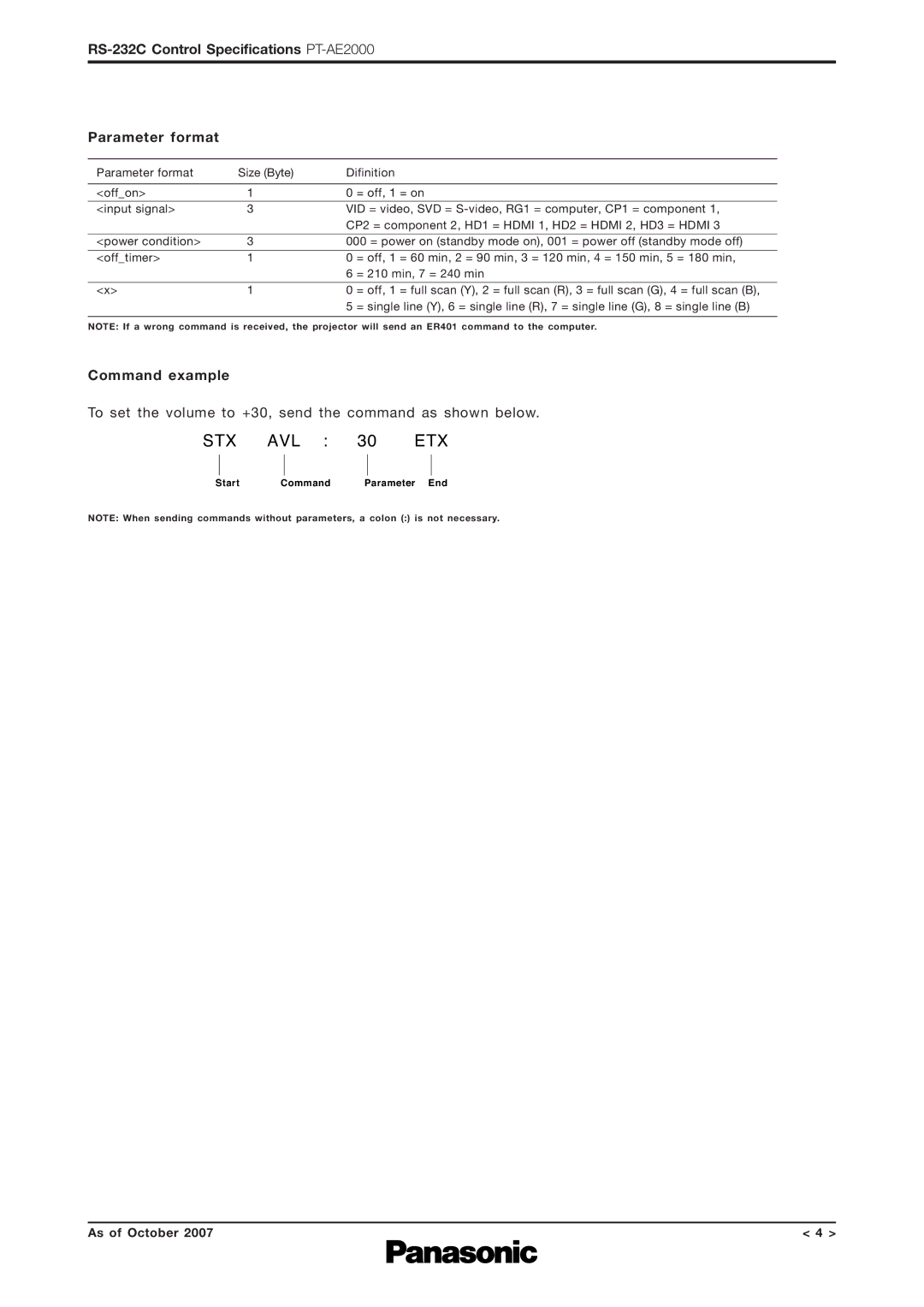 Panasonic PT AE2000 specifications RS-232C Control Specifications PT-AE2000 Parameter format, Command example 