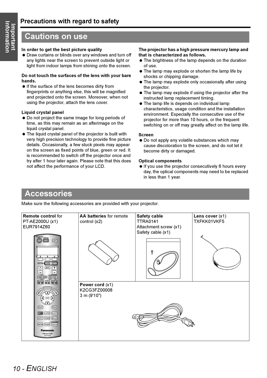 Panasonic PT-AE2000U manual Accessories 