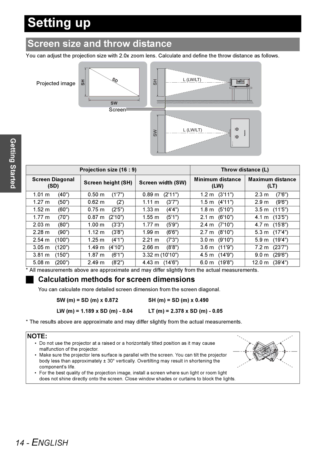 Panasonic PT-AE2000U manual Setting up, Screen size and throw distance, Calculation methods for screen dimensions 