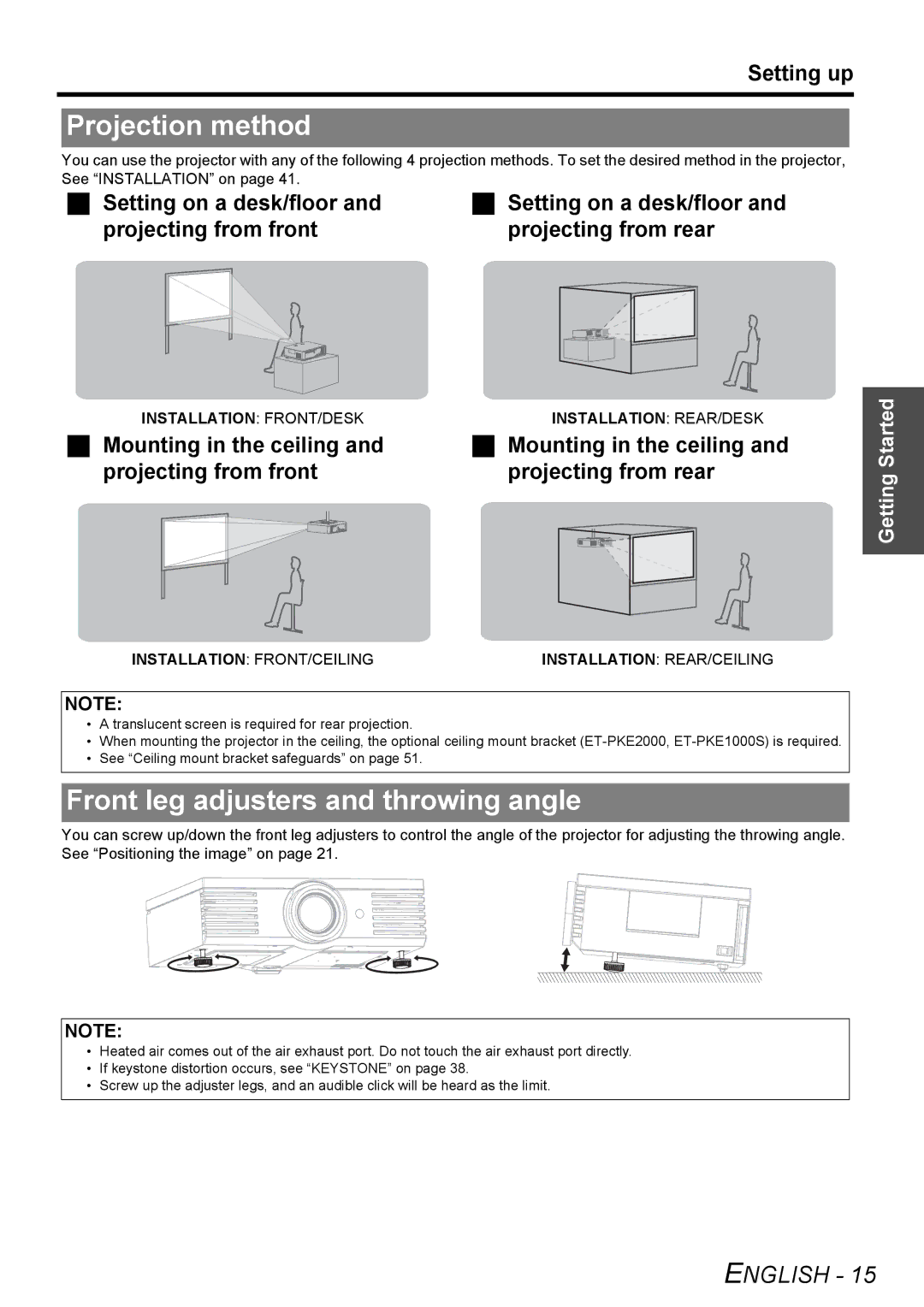 Panasonic PT-AE2000U manual Projection method, Front leg adjusters and throwing angle, Setting up 