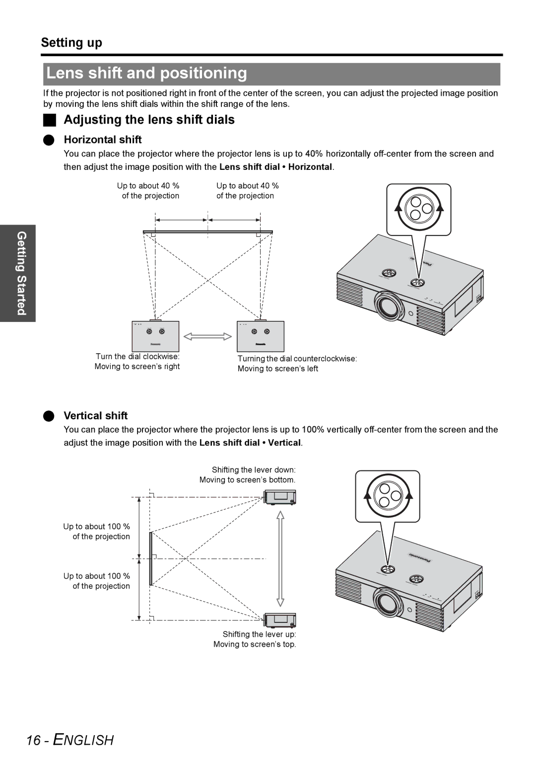 Panasonic PT-AE2000U manual Lens shift and positioning, Adjusting the lens shift dials, Horizontal shift, Vertical shift 