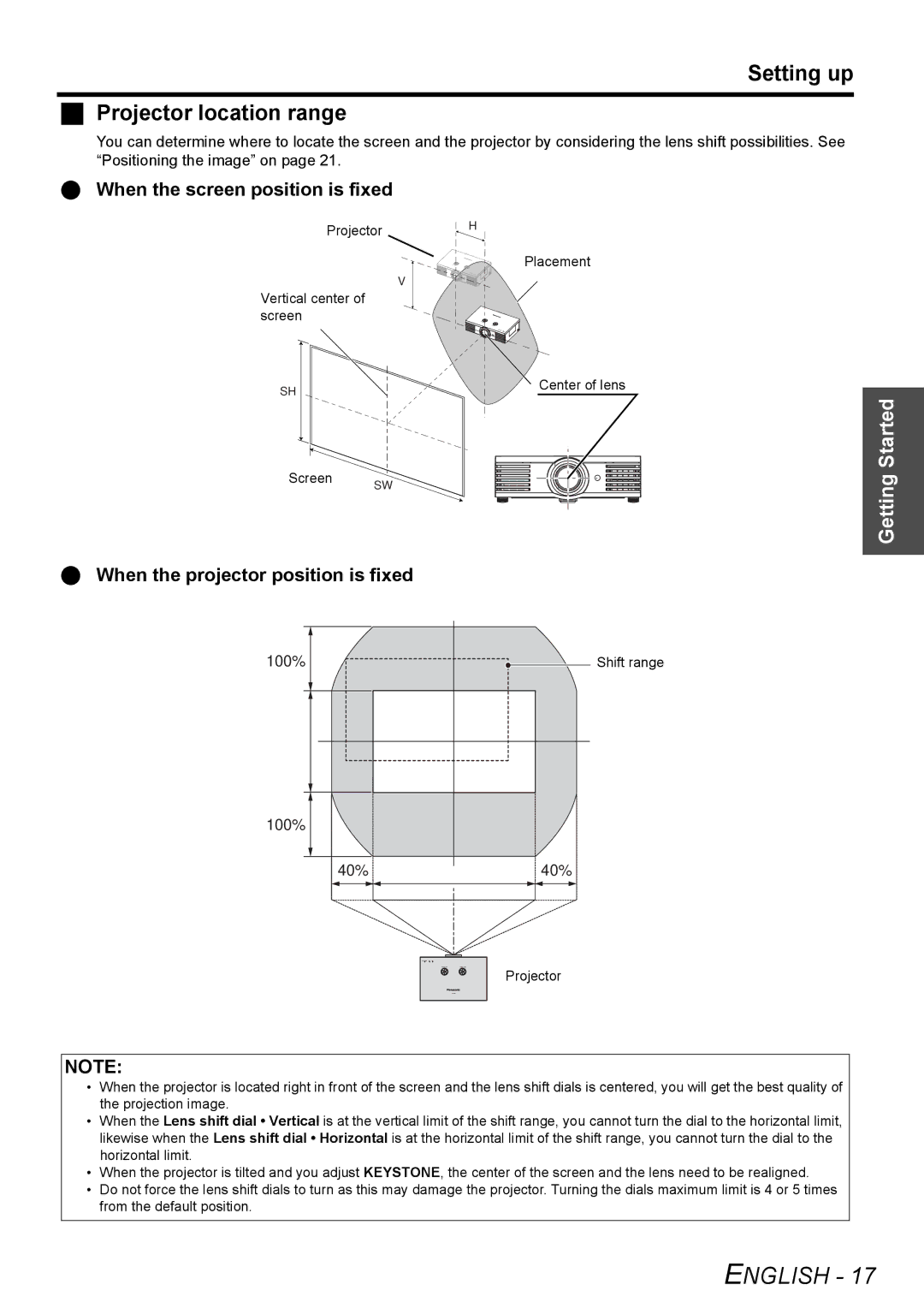 Panasonic PT-AE2000U manual Setting up Projector location range, When the screen position is fixed, 100% 40% 