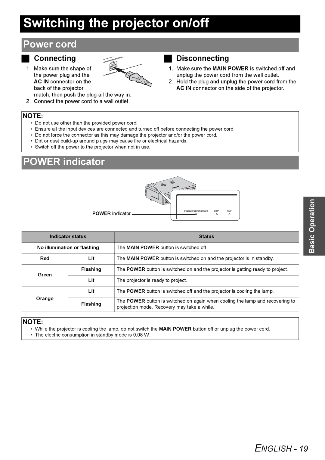 Panasonic PT-AE2000U manual Switching the projector on/off, Power cord, Power indicator, Connecting Disconnecting 