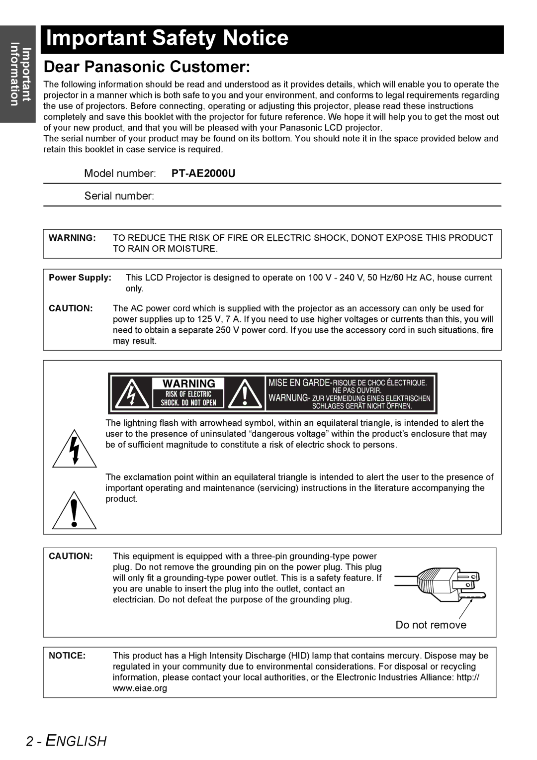 Panasonic PT-AE2000U manual Important Safety Notice, Dear Panasonic Customer 