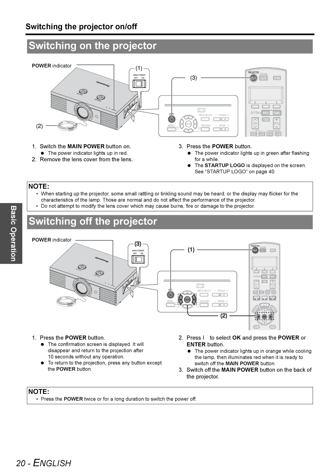 Panasonic PT-AE2000U manual Switching on the projector, Switching off the projector, Switching the projector on/off 