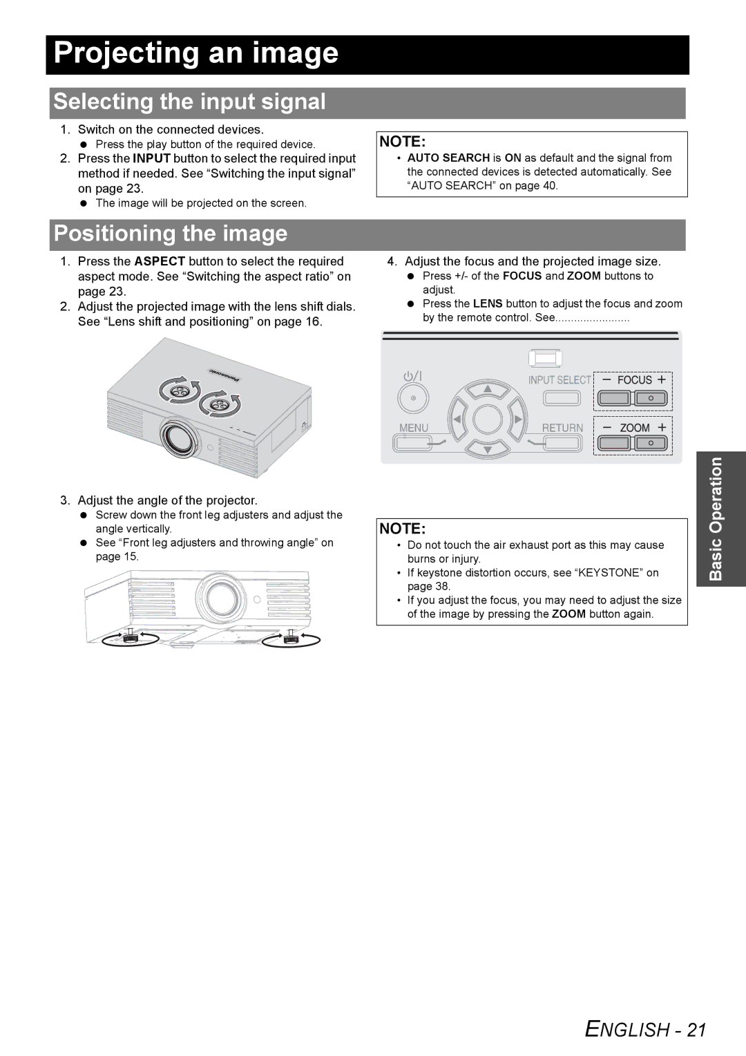 Panasonic PT-AE2000U manual Projecting an image, Selecting the input signal, Positioning the image 