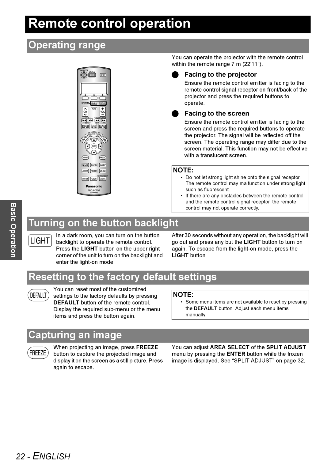 Panasonic PT-AE2000U manual Remote control operation, Operating range, Turning on the button backlight, Capturing an image 