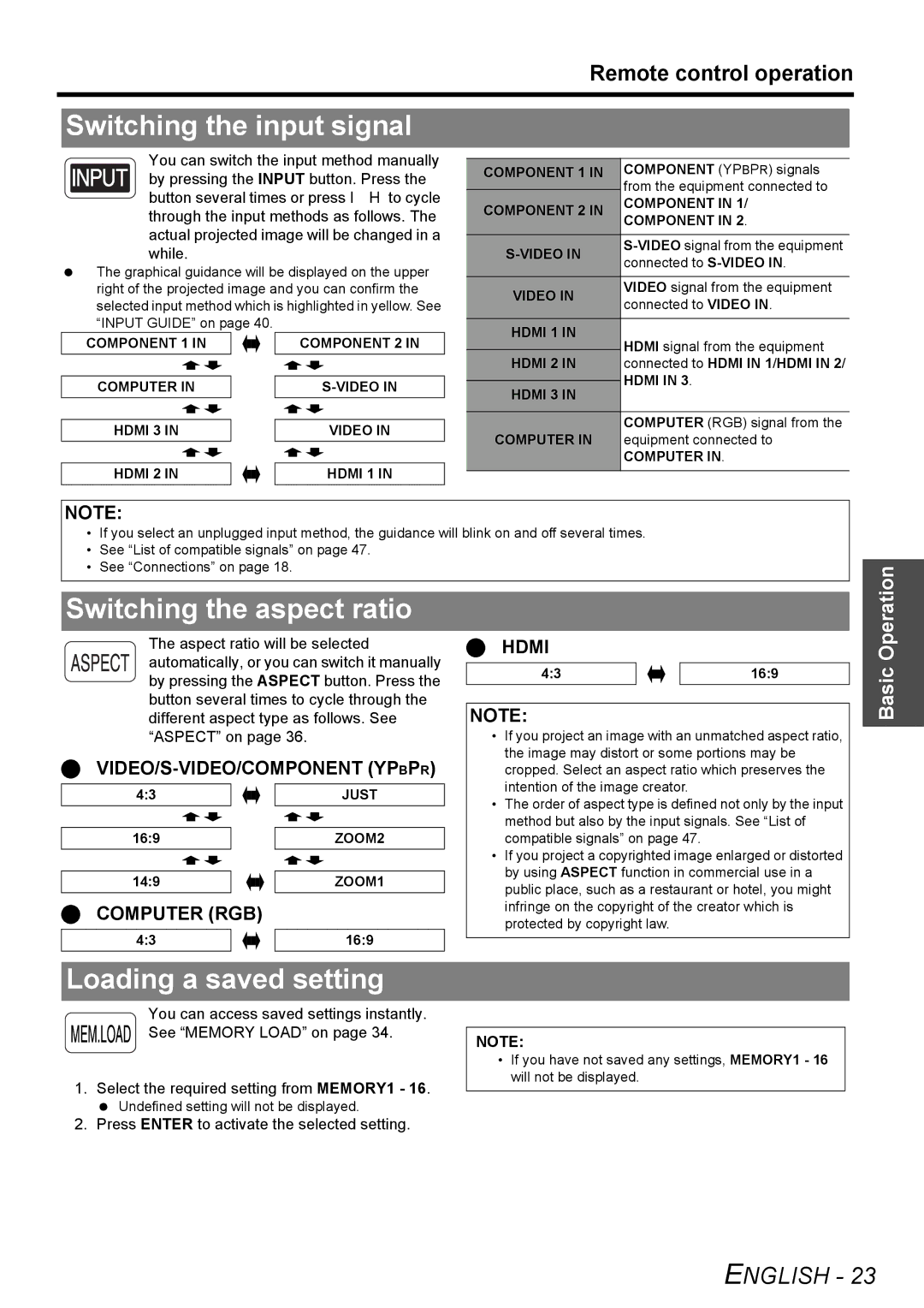 Panasonic PT-AE2000U manual Switching the input signal, Switching the aspect ratio, Loading a saved setting 