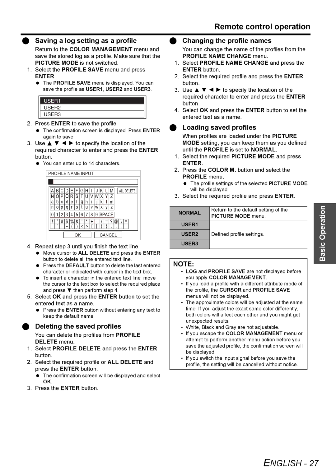 Panasonic PT-AE2000U Saving a log setting as a profile, Deleting the saved profiles, Changing the profile names, Enter 