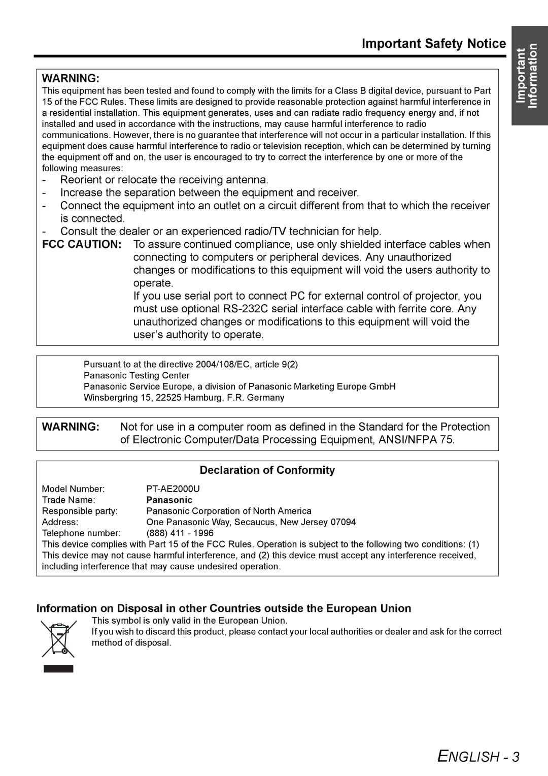 Panasonic manual Important Safety Notice, Declaration of Conformity, Model Number PT-AE2000U Trade Name, Panasonic 