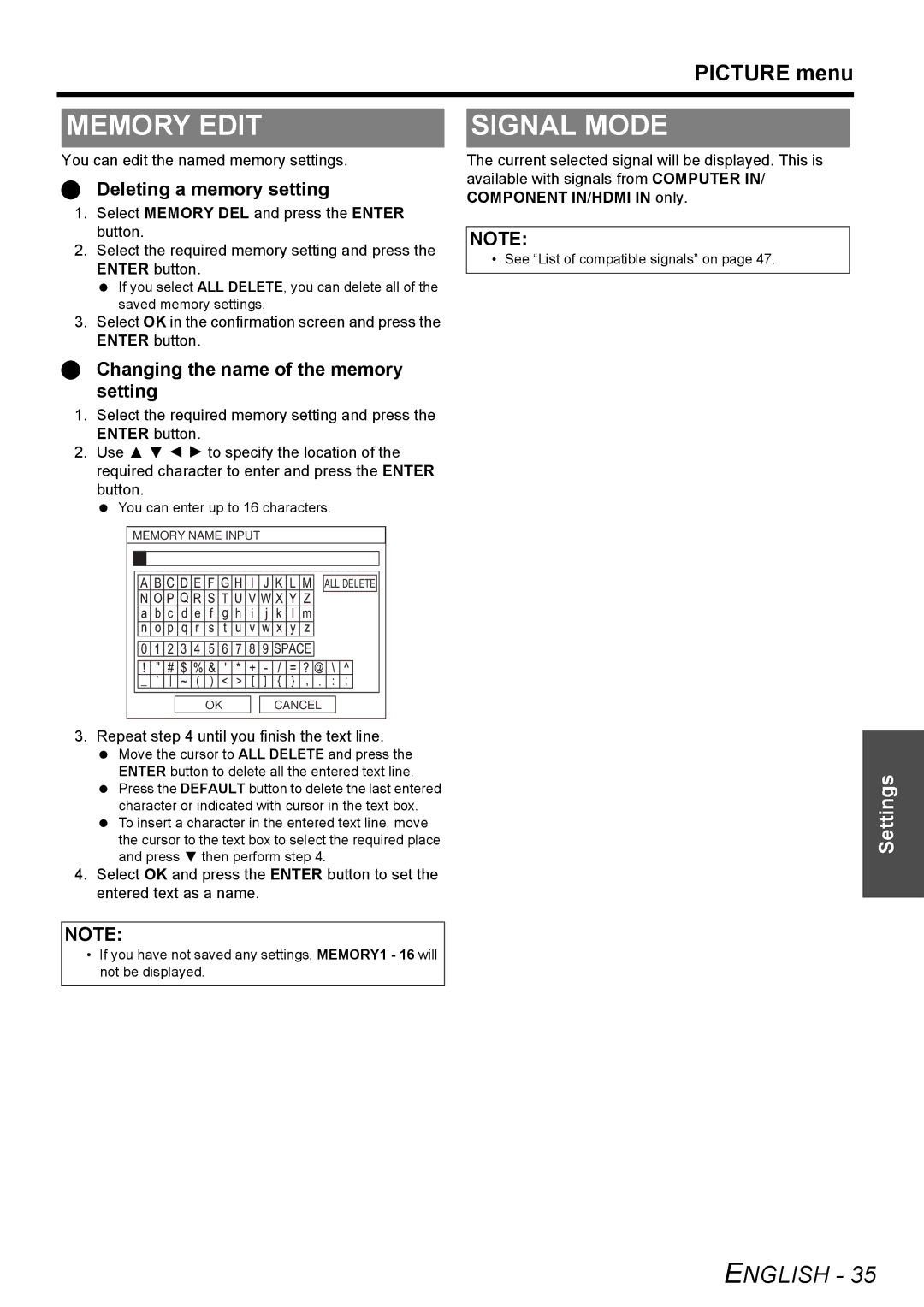 Panasonic PT-AE2000U manual Memory Edit, Signal Mode, Deleting a memory setting, Changing the name of the memory setting 