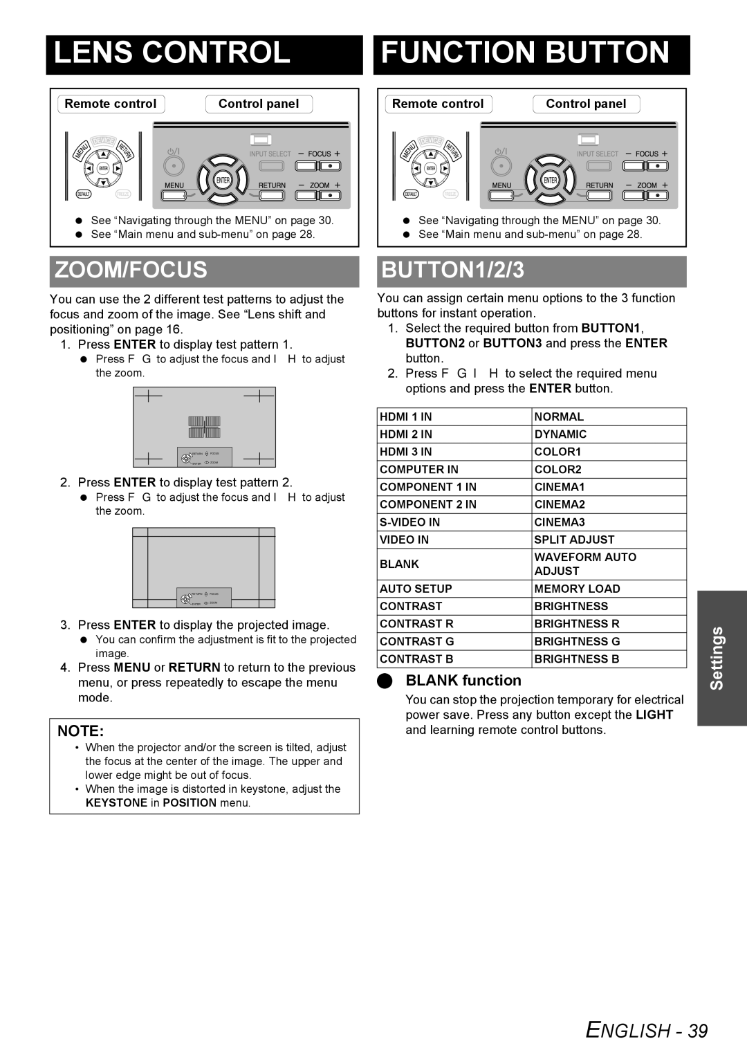 Panasonic PT-AE2000U manual Zoom/Focus, BUTTON1/2/3, Blank function, Press Enter to display the projected image 