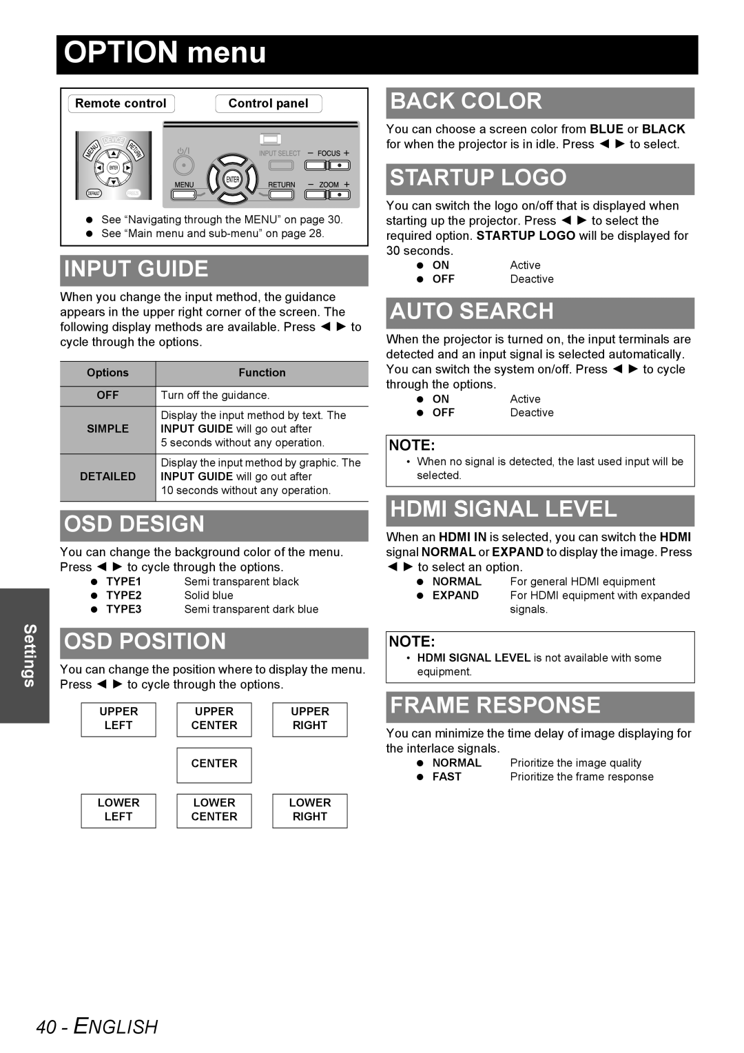 Panasonic PT-AE2000U manual Option menu 