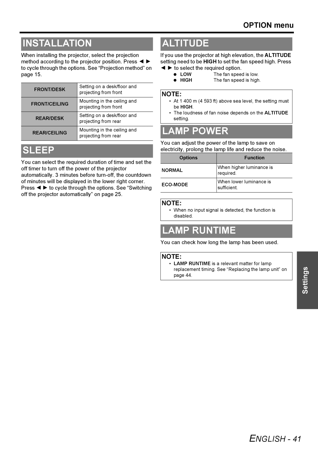 Panasonic PT-AE2000U manual Installation, Sleep, Altitude, Lamp Power, Lamp Runtime 