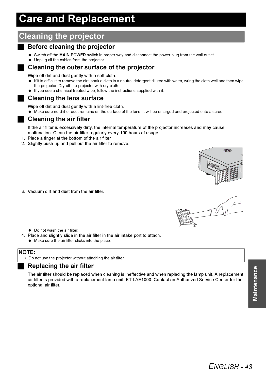 Panasonic PT-AE2000U manual Care and Replacement, Cleaning the projector 