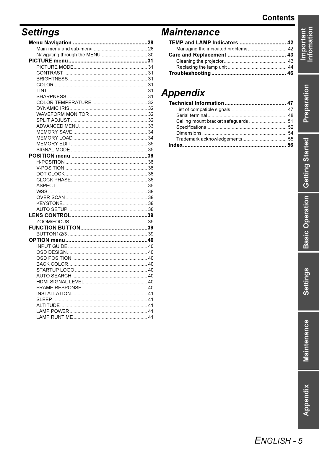 Panasonic PT-AE2000U manual Contents, Menu Navigation, Picture menu, Lens Control, Function Button 