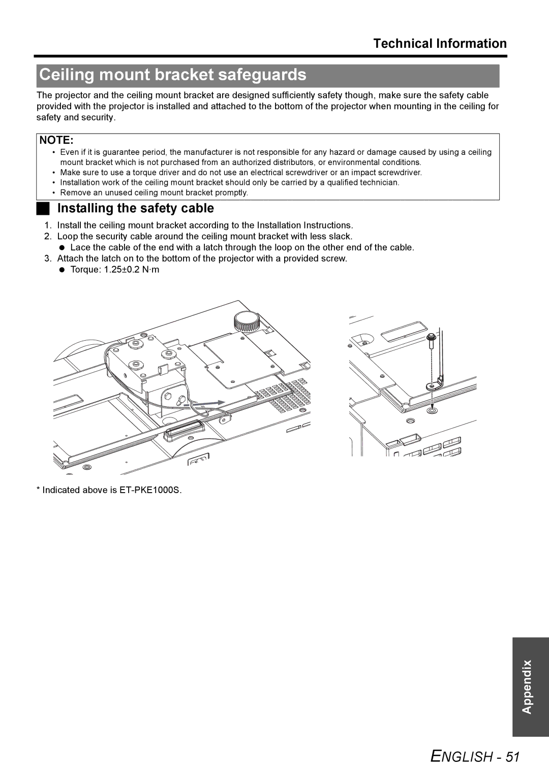 Panasonic PT-AE2000U manual Ceiling mount bracket safeguards, Installing the safety cable 