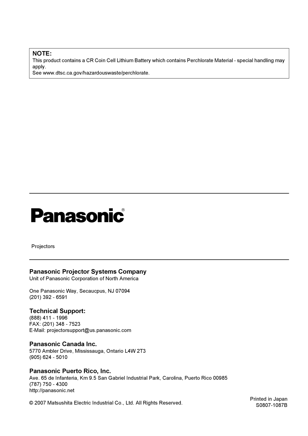 Panasonic PT-AE2000U manual Panasonic Projector Systems Company, Technical Support, Panasonic Canada Inc 