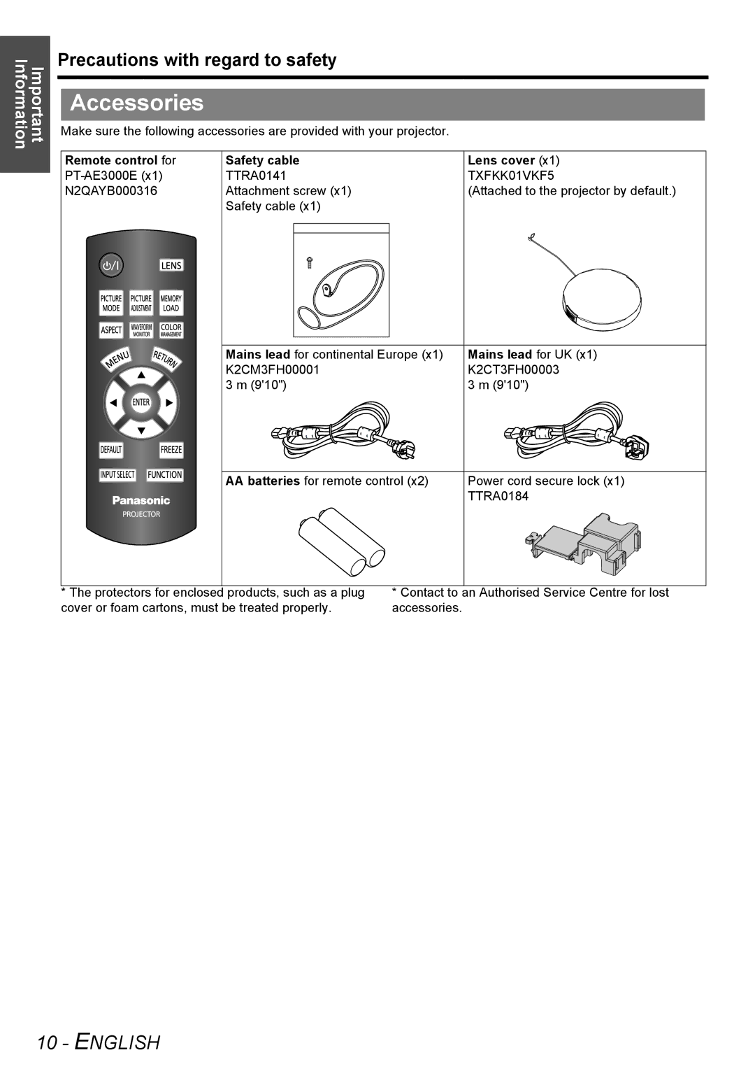 Panasonic manual Accessories, Remote control for Safety cable Lens cover, PT-AE3000E TTRA0141, Mains lead for UK 