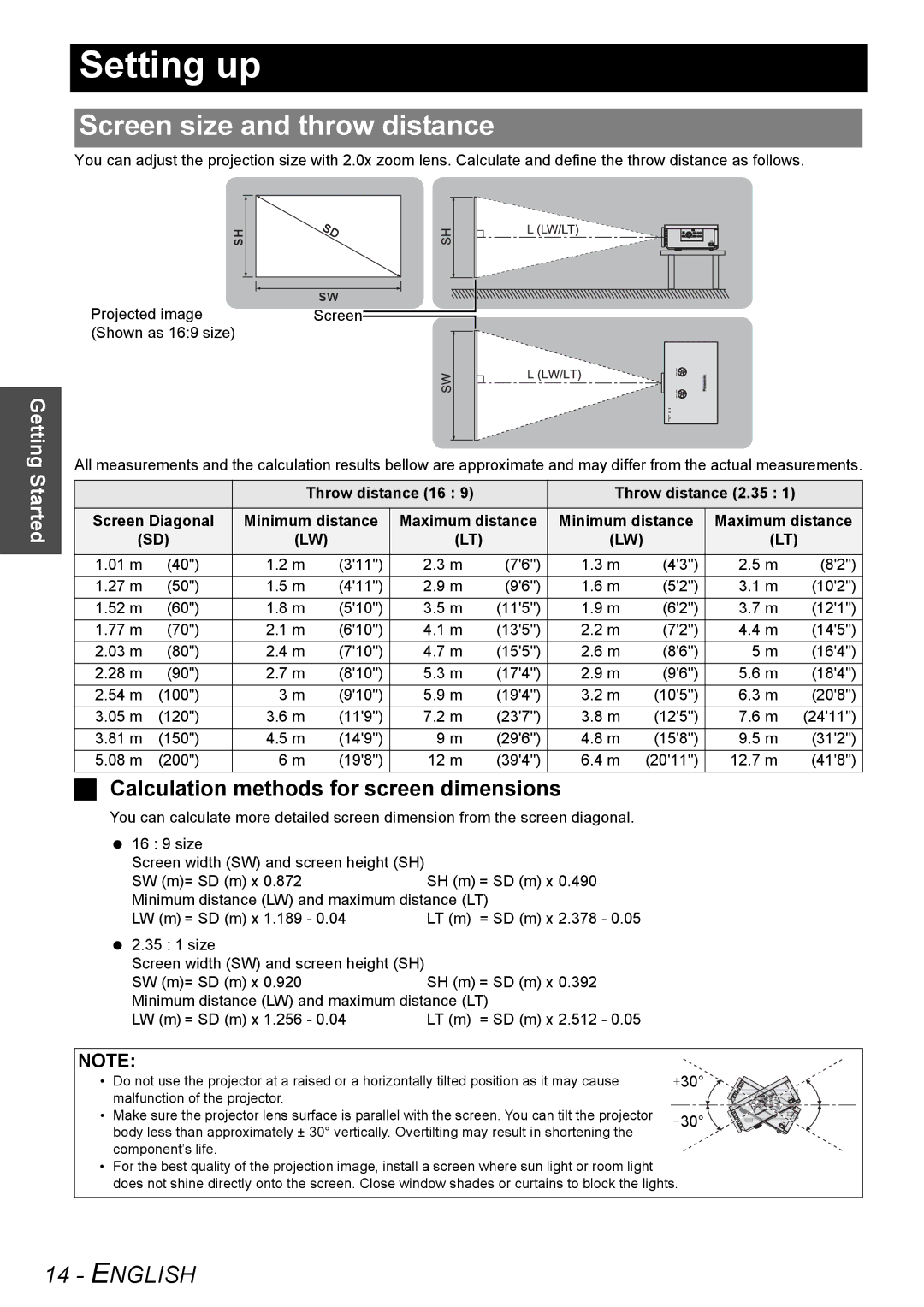 Panasonic PT-AE3000E manual Setting up, Screen size and throw distance, Calculation methods for screen dimensions 