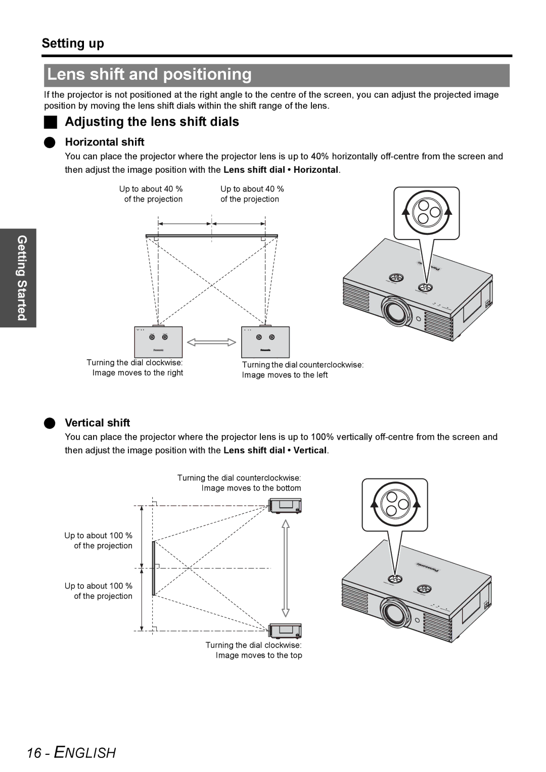 Panasonic PT-AE3000E manual Lens shift and positioning, Adjusting the lens shift dials, Horizontal shift, Vertical shift 